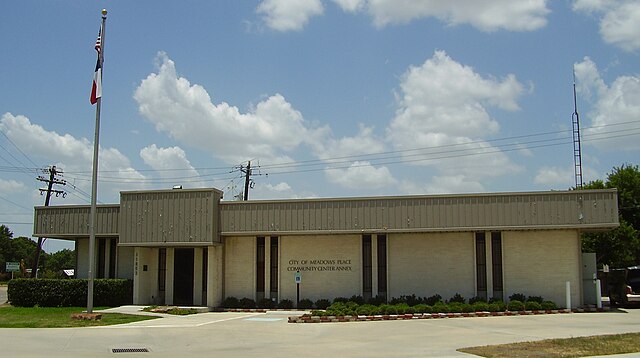 Skyline and landmark view of Meadows Place, Texas